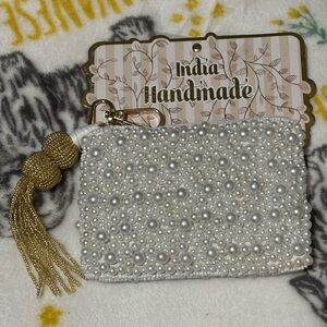 White Beaded Wallet with Gold Tassel